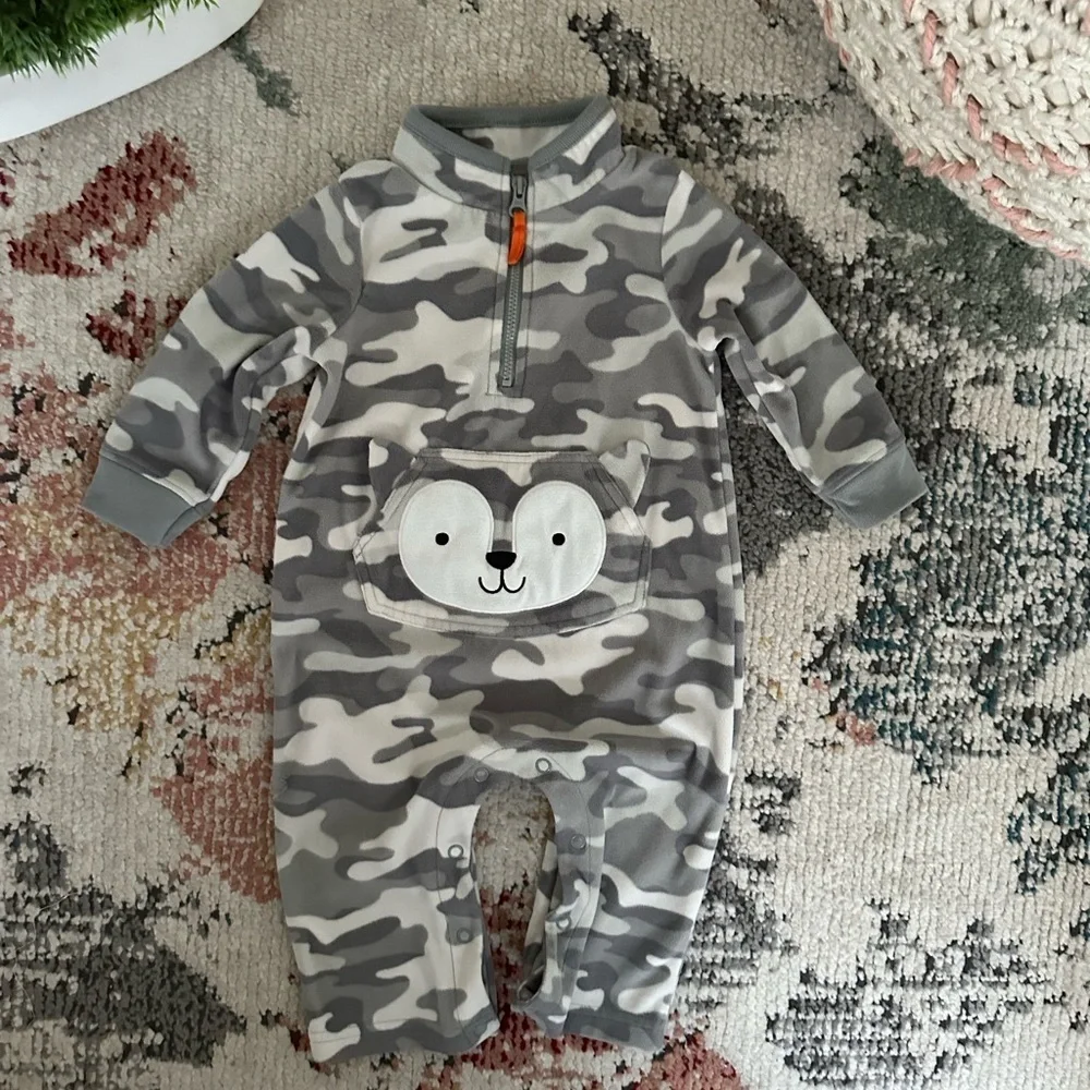 Carter’s Camouflage Fleece 1/4 Zip Jumpsuit One Piece Animal Pocket 3D Ears